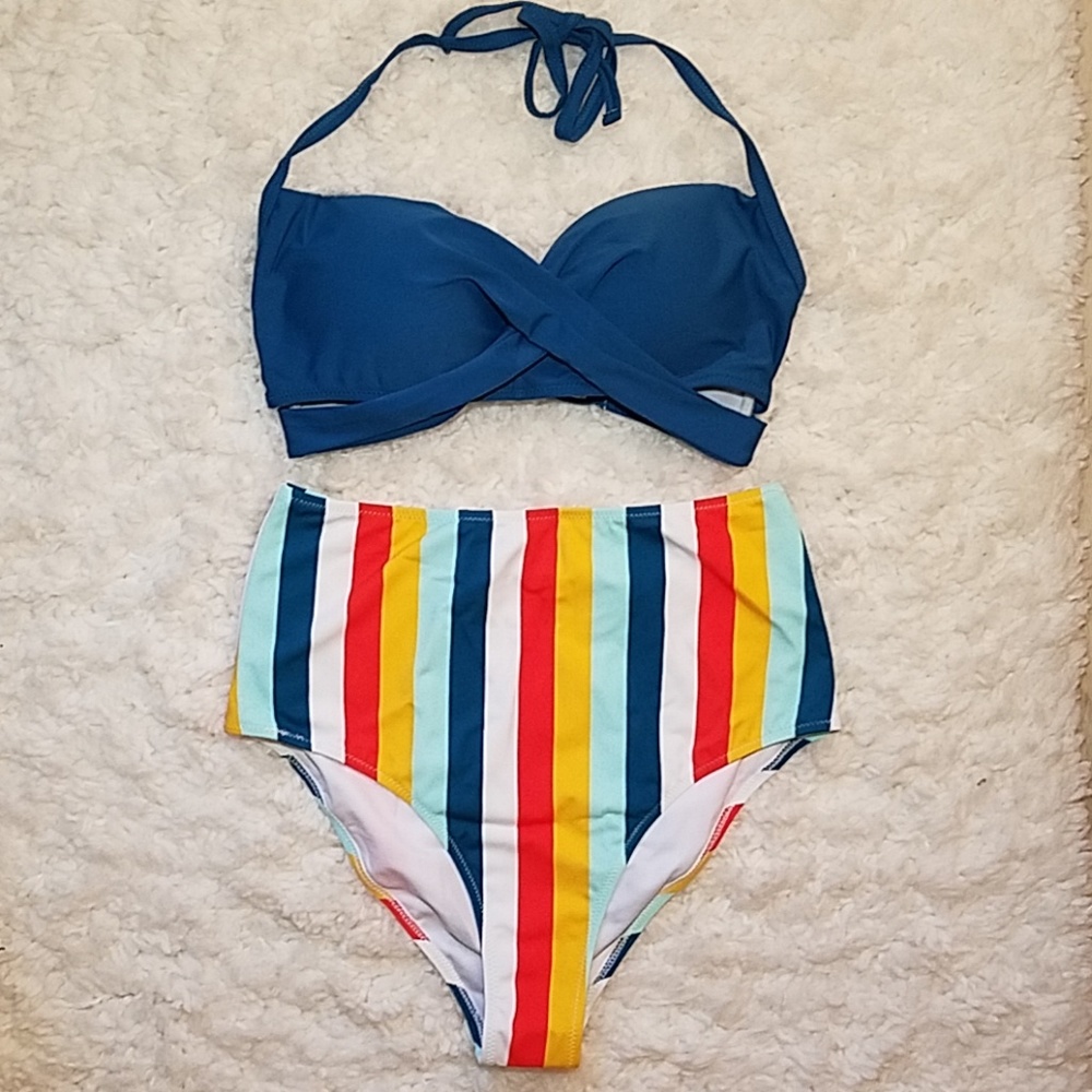 Solid Blue and Summer Stripe High Waisted Bikini